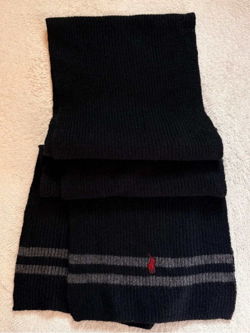 Polo by Ralph Lauren Black Knit Scarf with Gray Stripes Burgundy Logo NWT